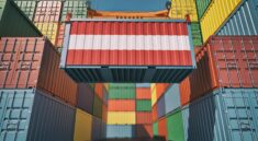 Container Terminal - Shipping Container with Austria flag.