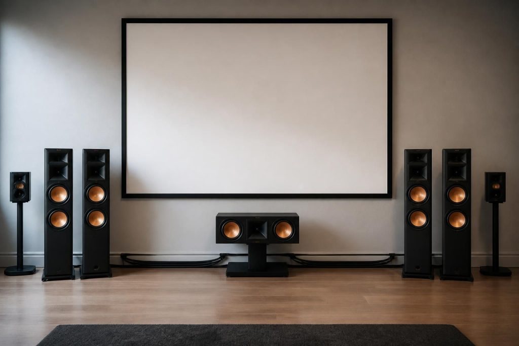 découvrez comment intégrer facilement des enceintes et des câbles autour de votre écran de projection pour une expérience audio-visuelle optimale.