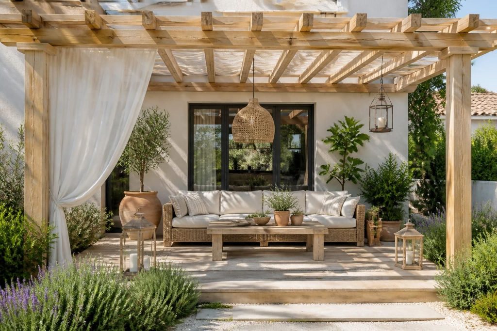 découvrez des idées déco pour aménager un espace cosy et fonctionnel sous une pergola en bois adossée, alliant charme naturel et confort.