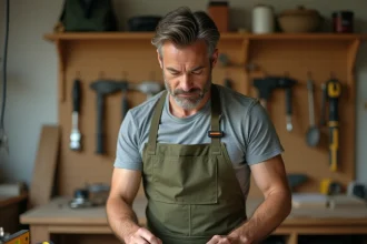 Homme bricoleur consultant un guide de travaux dans un atelier maison bien organisé avec des outils rangés