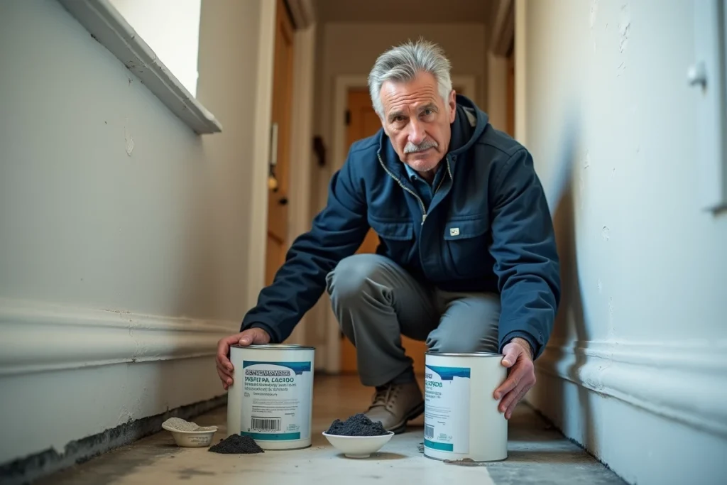 Homme utilisant du charbon actif et du bicarbonate de soude pour absorber les odeurs de peinture dans un couloir fraîchement peint