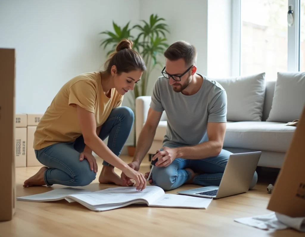 Couple assemblant des meubles en kit dans un salon en suivant les conseils d'un blog bricolage sur ordinateur