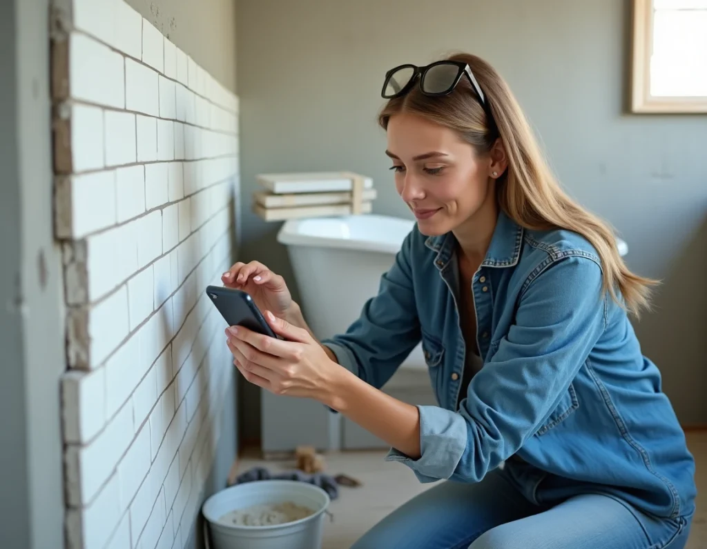 Femme réalisant des travaux de carrelage salle de bain en suivant un tutoriel bricolage sur smartphone