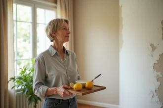 Femme tenant un plateau avec du vinaigre blanc et des citrons pour éliminer l'odeur de peinture dans un salon fraîchement repeint