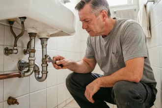 Plombier ajustant une vanne d'eau sous un lavabo pour augmenter la pression