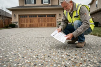 Allée de garage en béton désactivé avec texture de gravillons apparents et entrepreneur examinant un devis au sol