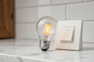 Ampoule à petit culot E14 dimmable posée sur un plan de travail en marbre blanc avec un variateur d'intensité