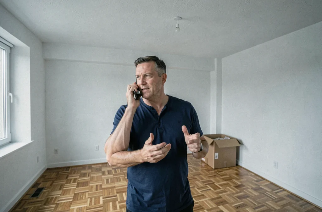 Homme contactant son fournisseur d'énergie par téléphone dans un appartement vide lors d'un déménagement