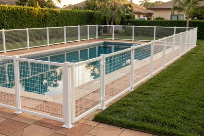 Barrière de sécurité blanche conforme autour d'une piscine résidentielle avec portillon à fermeture automatique