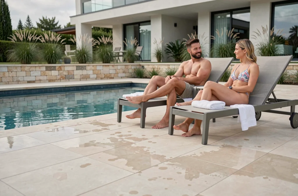Carrelage en grès cérame antidérapant autour d'une piscine dans un jardin contemporain haut de gamme