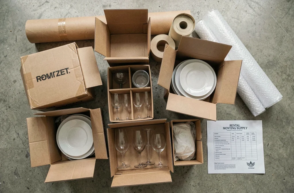 Vue aérienne de cartons spécialisés pour vaisselle avec séparateurs alvéolaires et matériaux d'emballage sur sol béton