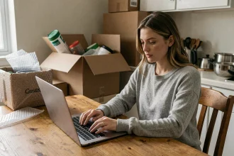 Femme changeant d'adresse auprès de son fournisseur d'énergie sur un ordinateur portable entouré de cartons de déménagement