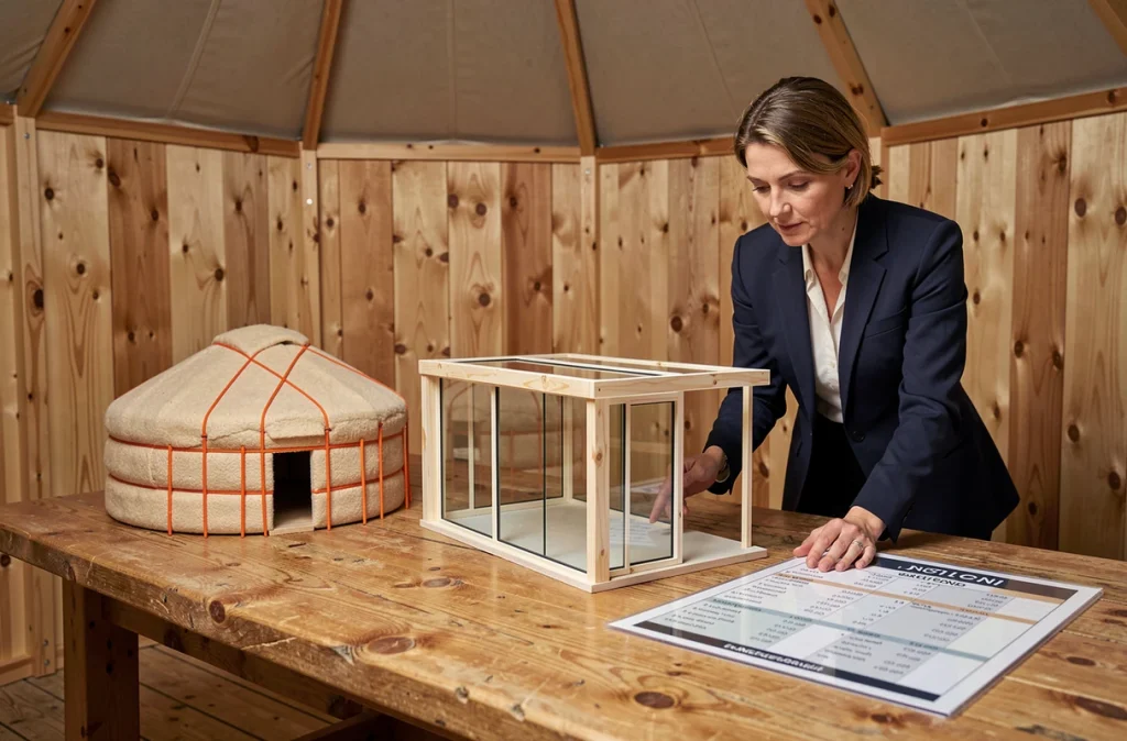 Comparaison de maquettes de yourtes mongole et contemporaine en bois dans un showroom, avec tableau de prix affiché