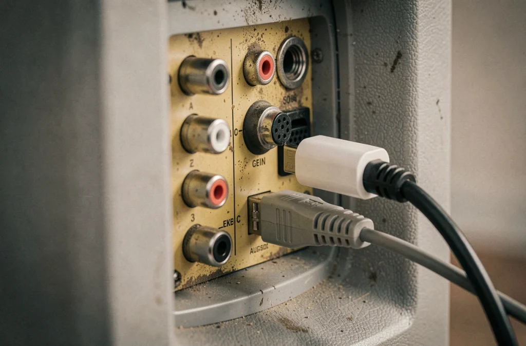 Gros plan sur les connecteurs arrière d'un téléviseur CRT des années 90 avec un adaptateur USB-C moderne