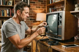 Homme connectant un adaptateur HDMI moderne à l'arrière d'un téléviseur CRT vintage des années 80