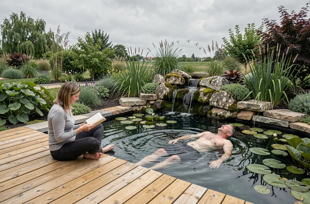 Couple se relaxant au bord d'une piscine naturelle écologique avec cascade de biofiltre et plantes aquatiques matures