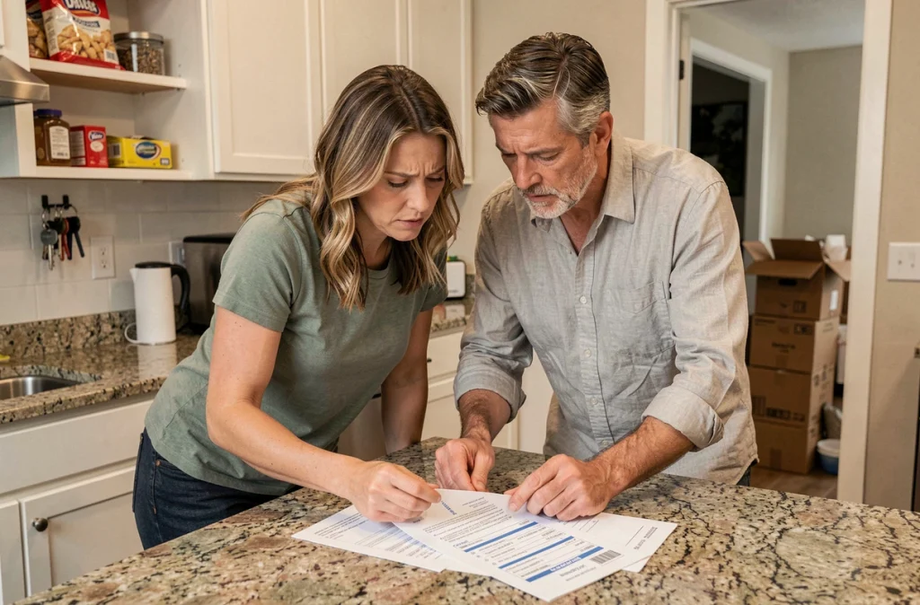 Couple consultant une facture d'énergie et une liste de tâches de déménagement dans leur nouvelle cuisine