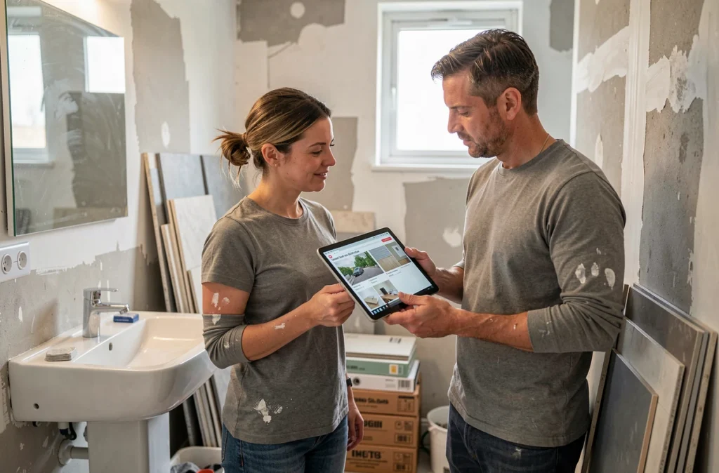 Couple de débutants consultant un tutoriel de rénovation sur tablette dans une salle de bain en cours de travaux