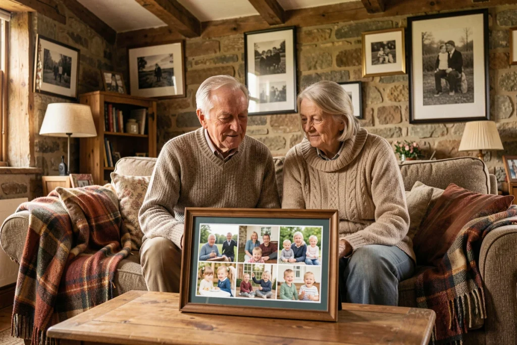 Couple de personnes âgées regardant ensemble un cadre photo numérique avec des photos de famille sur une table basse dans un salon rustique