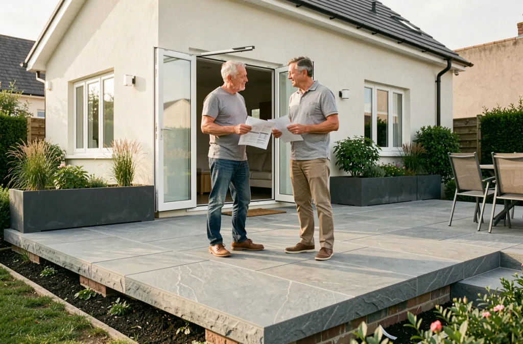 Couple examinant un devis sur une terrasse en dalles sur plots terminée, coût au m2 et négociation de prix en 2026