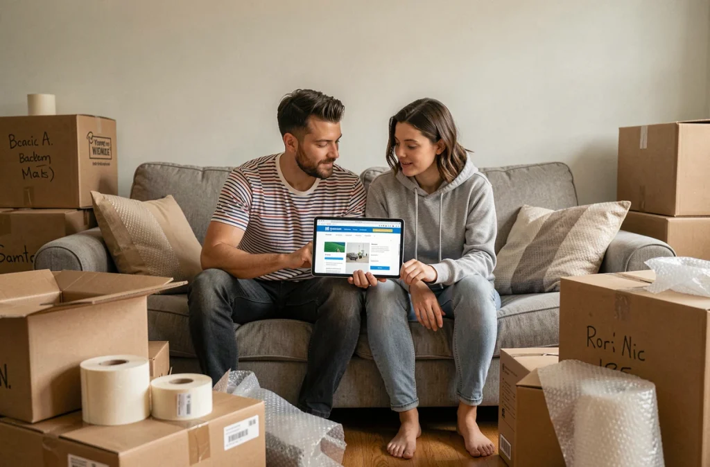 Couple planifiant le transfert de leurs abonnements internet et mobile entourés de cartons de déménagement