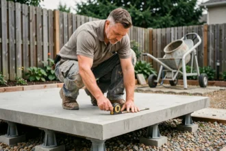 Artisan posant une dalle sur plots réglables dans un jardin résidentiel, illustrant le coût au m2 d'une dalle sur plot en 2026
