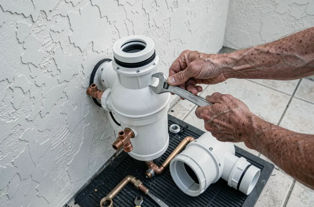 Mains d'un homme démontant la pompe de filtration d'une piscine sur un mur de local technique en stuc lors de la mise en hivernage