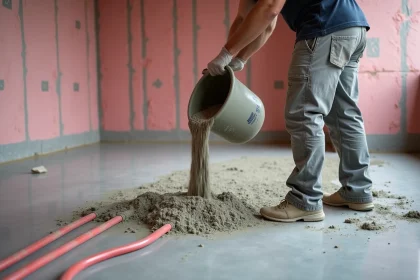 Ouvrier versant une chape ciment sur des tuyaux de plancher chauffant lors d'une construction résidentielle