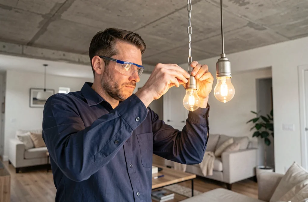 Électricien installant une ampoule dimmable à petit culot dans un luminaire suspendu de salon contemporain