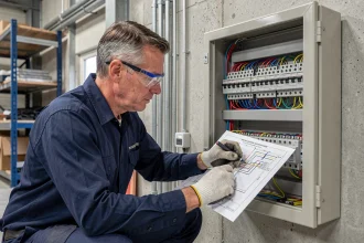 Électricien professionnel analysant un schéma électrique 380V devant un tableau industriel ouvert avec disjoncteurs et câbles colorés