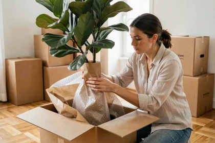 Femme emballant soigneusement une plante dans du papier kraft avant un déménagement