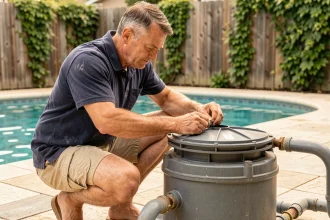 Homme entretenant un filtre à sable de piscine dans un jardin résidentiel