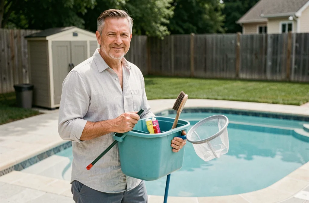Homme tenant des accessoires d'entretien de piscine comme une épuisette, des bandelettes de test et une brosse au bord d'une piscine turquoise dans un jardin