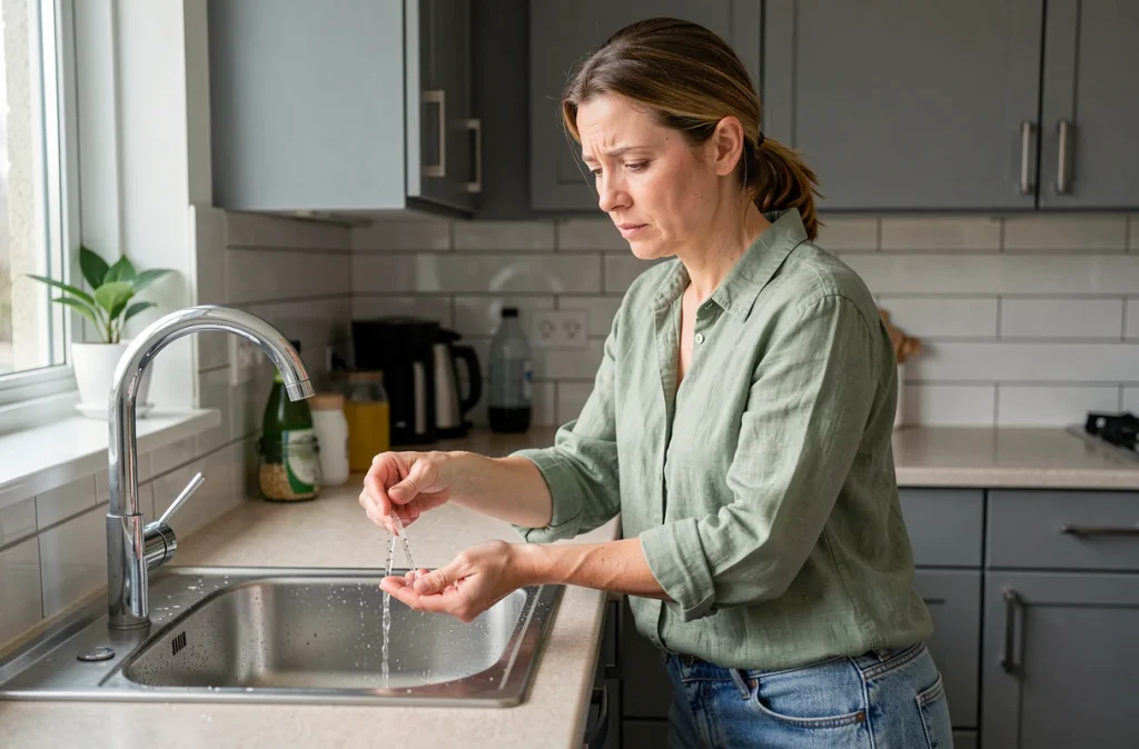 Femme testant le faible débit d'eau au robinet de cuisine