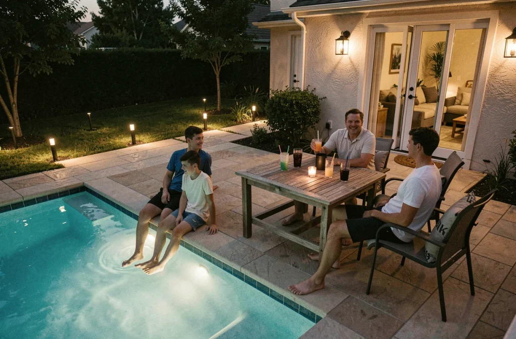 Famille profitant de la piscine le soir grâce à un éclairage extérieur bien installé