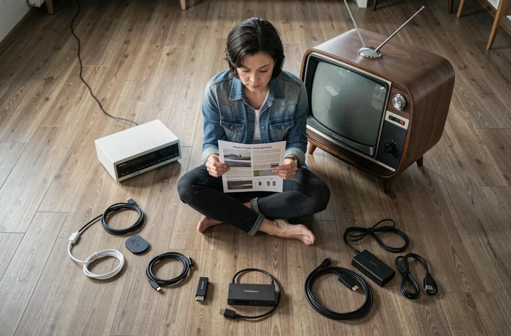 Femme entourée d'appareils modernes lisant le manuel pour connecter une télévision portable vintage des années 70