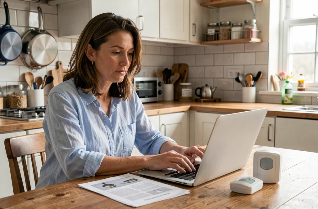 Femme rédigeant un avis client sur un système d'alarme Homiris depuis sa cuisine