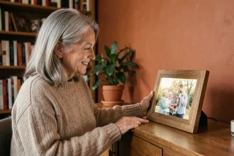 Femme souriante regardant un cadre photo numérique affichant une photo de famille dans un salon chaleureux