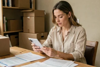 Femme consultant son contrat internet et mobile avant un déménagement, entourée de cartons