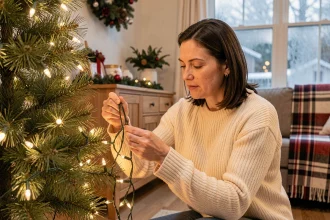 Femme démêlant une guirlande lumineuse emmêlée avant de décorer un sapin de Noël dans un salon cosy