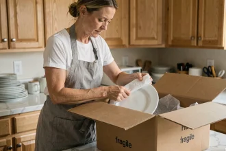 Femme emballant de la vaisselle dans un carton de déménagement renforcé avec du papier bulle dans une cuisine moderne