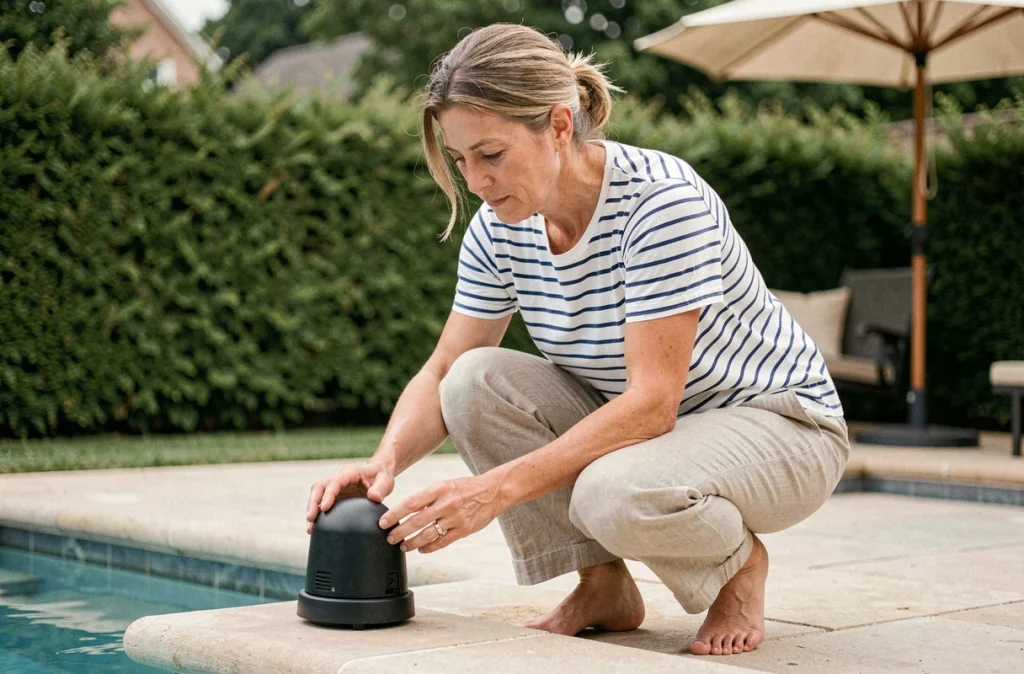 Femme inspectant une alarme de piscine conforme installée sur le bord d'un bassin extérieur résidentiel