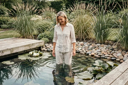 Femme se baignant dans une piscine naturelle entourée de plantes aquatiques et de pierres dans un jardin écologique