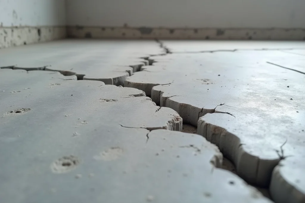 Fissures dans une chape ciment mal dosée au-dessus de tuyaux de plancher chauffant, erreur d'installation