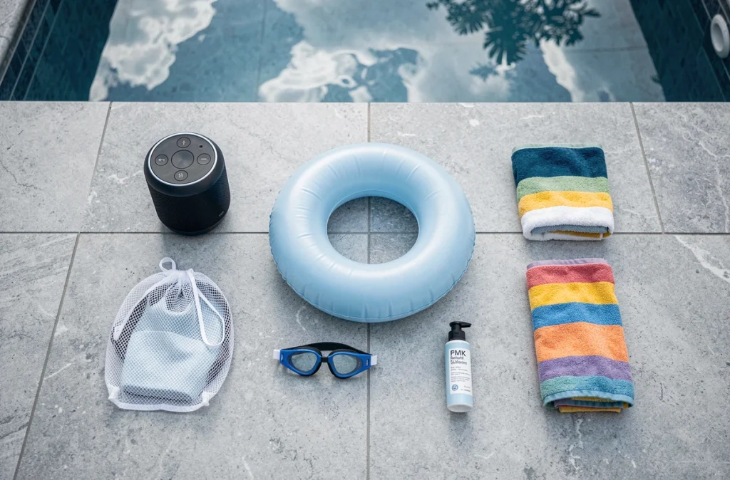Vue du dessus d'accessoires essentiels pour piscine disposés sur une terrasse en pierre, incluant enceinte waterproof, lunettes UV, bouée, sac filet et crème solaire