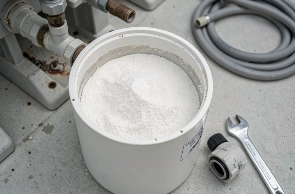 Gros plan sur l'intérieur d'un filtre à sable de piscine ouvert avec valve multivoies