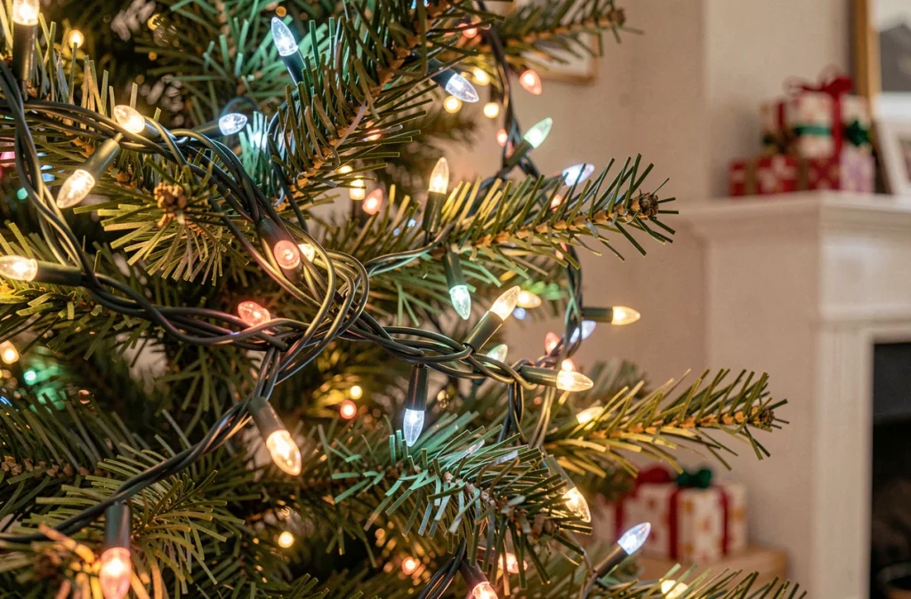 Gros plan sur une guirlande mal répartie avec des câbles emmêlés au pied d'un sapin de Noël décoré