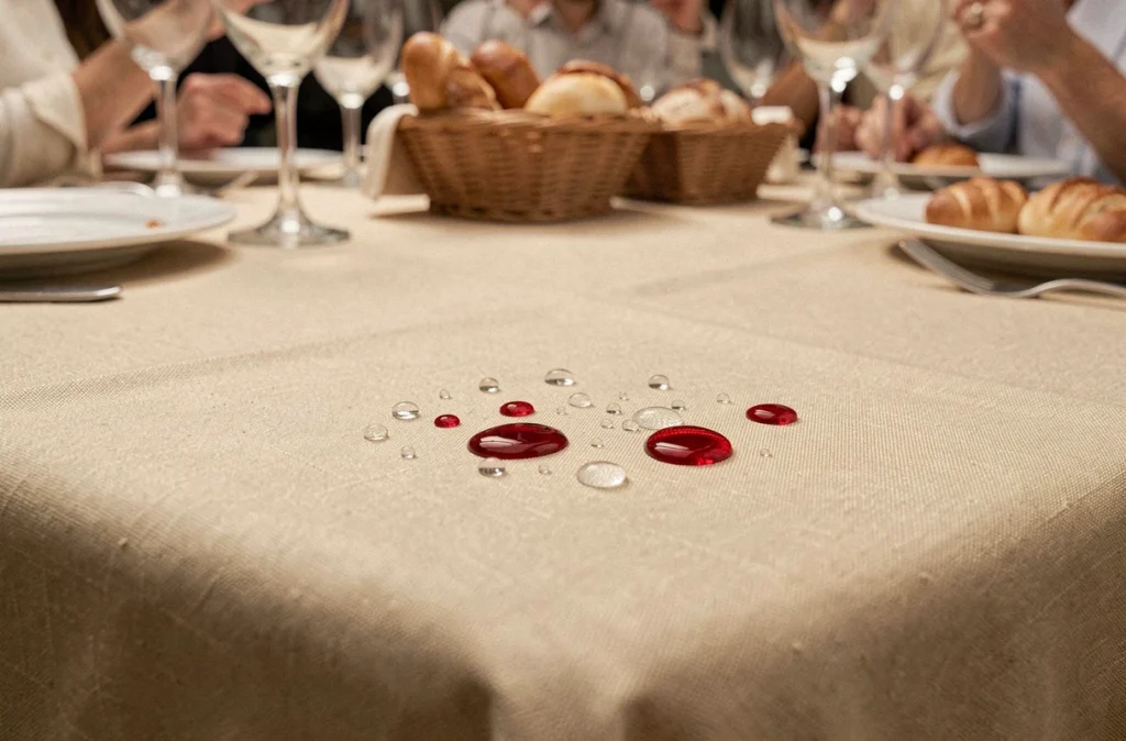 Gros plan sur une nappe anti-tache infroissable avec des gouttes de vin qui perlent sur le tissu imperméable