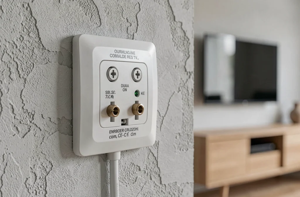 Gros plan sur une prise télé murale double encastrée conforme aux normes électriques françaises 2026, dans un salon moderne