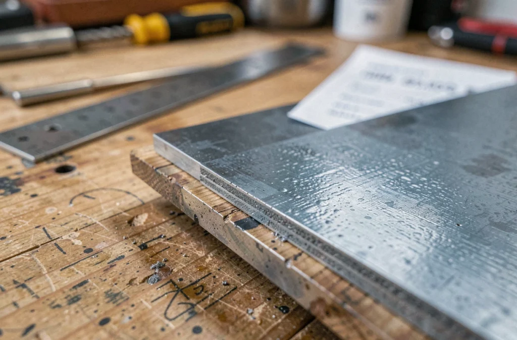 Gros plan sur la tranche et la surface d'une tôle acier 2 mm posée sur un établi, détail texture métal laminé à froid
